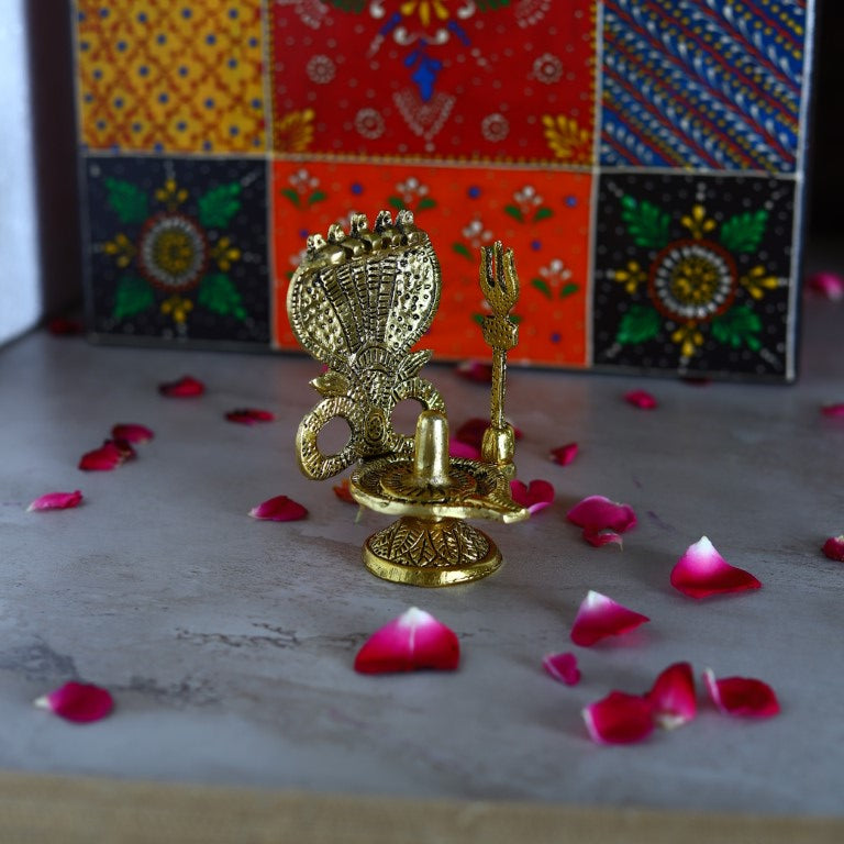 Metal Shivling with Sheshnaag and Trishul Statue