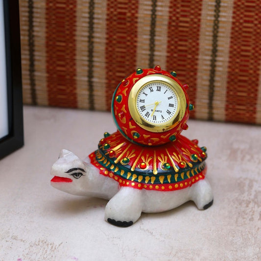 Meenakari Work Decorative Office Table Marble Ball Shape Clock with Tortoise