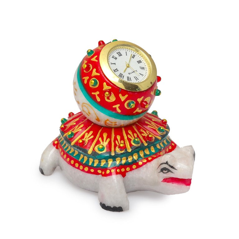 Meenakari Work Decorative Office Table Marble Ball Shape Clock with Tortoise