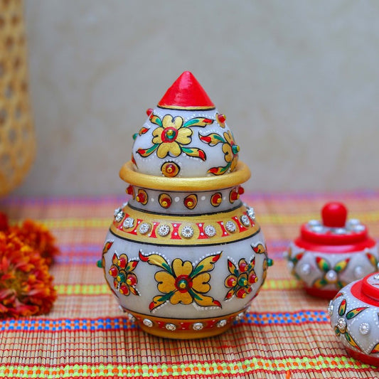 Decorative Round Marble Kalash for Pooja | Handicraft Home Decor | Designer Puja Lota with Nariyal for Holy Water in Temple & Home