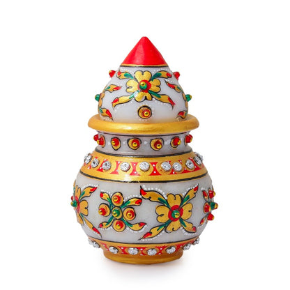 Decorative Round Marble Kalash for Pooja | Handicraft Home Decor | Designer Puja Lota with Nariyal for Holy Water in Temple & Home