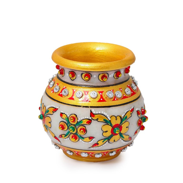 Decorative Round Marble Kalash for Pooja | Handicraft Home Decor | Designer Puja Lota with Nariyal for Holy Water in Temple & Home