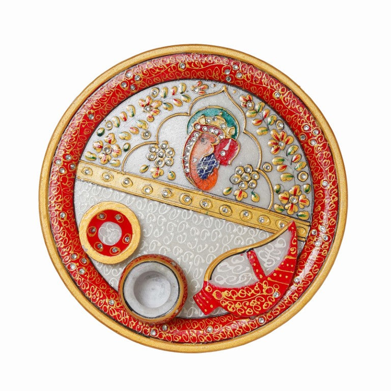 Hand Made Kundan Meenakari White Marble Puja Thali with Diya & Chopra Set for mandir Diwali Pooja Karva Chauth Pooja