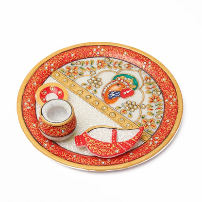 Hand Made Kundan Meenakari White Marble Puja Thali with Diya & Chopra Set for mandir Diwali Pooja Karva Chauth Pooja