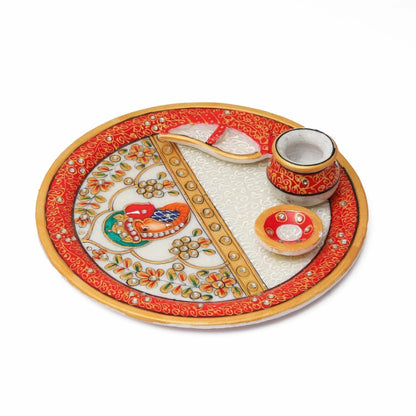 Hand Made Kundan Meenakari White Marble Puja Thali with Diya & Chopra Set for mandir Diwali Pooja Karva Chauth Pooja