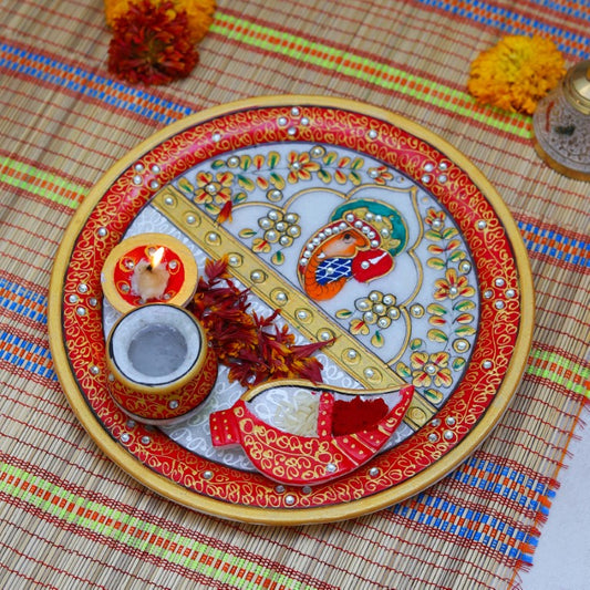 Hand Made Kundan Meenakari White Marble Puja Thali with Diya & Chopra Set for mandir Diwali Pooja Karva Chauth Pooja