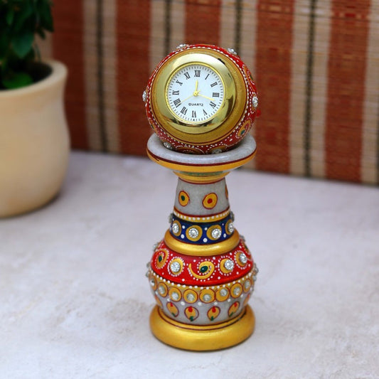 Handmade Ethnic Design Marble Table Clock for Home/Office | Pillar Watch