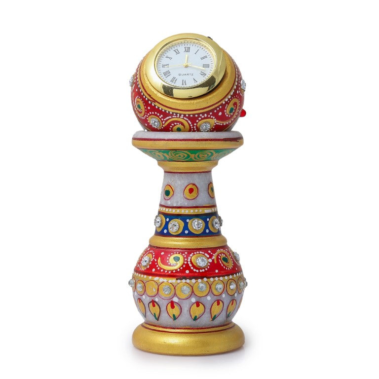 Handmade Ethnic Design Marble Table Clock for Home/Office | Pillar Watch