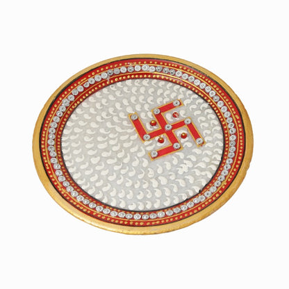 Hand Made Kundan Meenakari White Marble Puja Thali with Diya & Chopra Set for mandir Diwali Pooja Karva Chauth Pooja