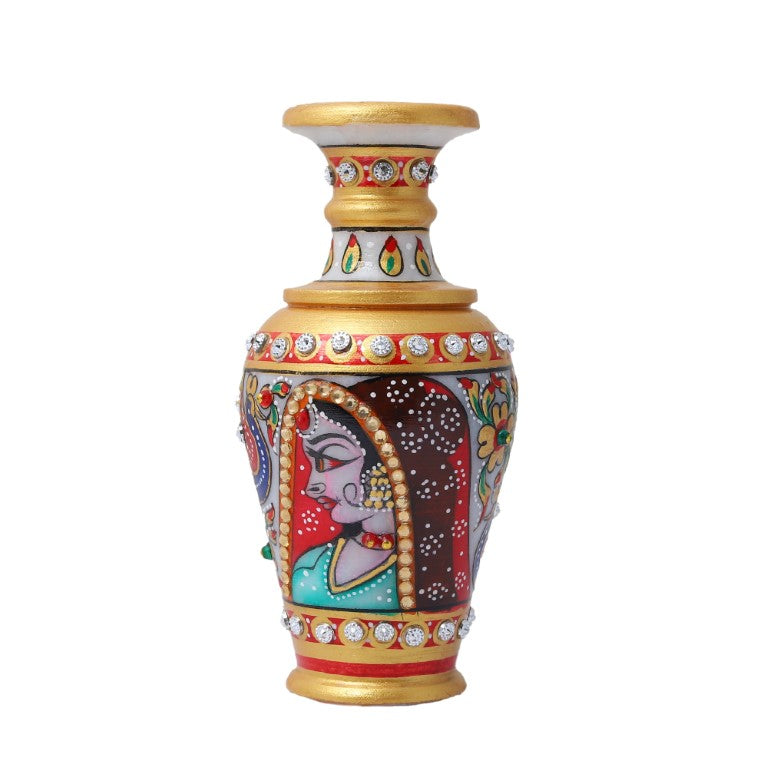 Decorative Marble Flower Vase | Round Shape Beautiful Peacock Style Handpainted Work Showpiece Vases for Home Decoration