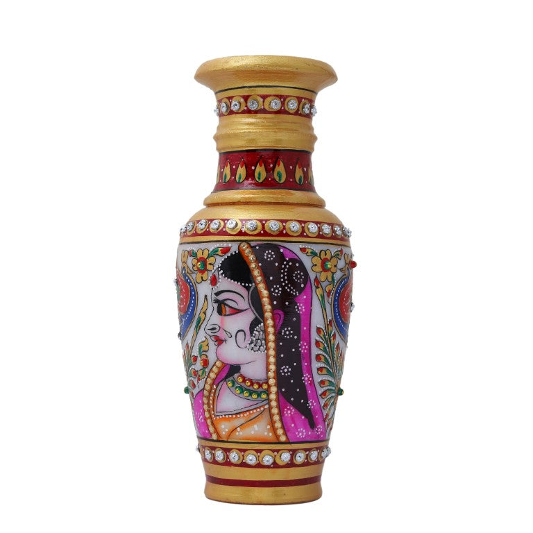 Decorative Marble Flower Vase | Round Shape Beautiful Peacock Style Handpainted Work Showpiece Vases for Home Decoration