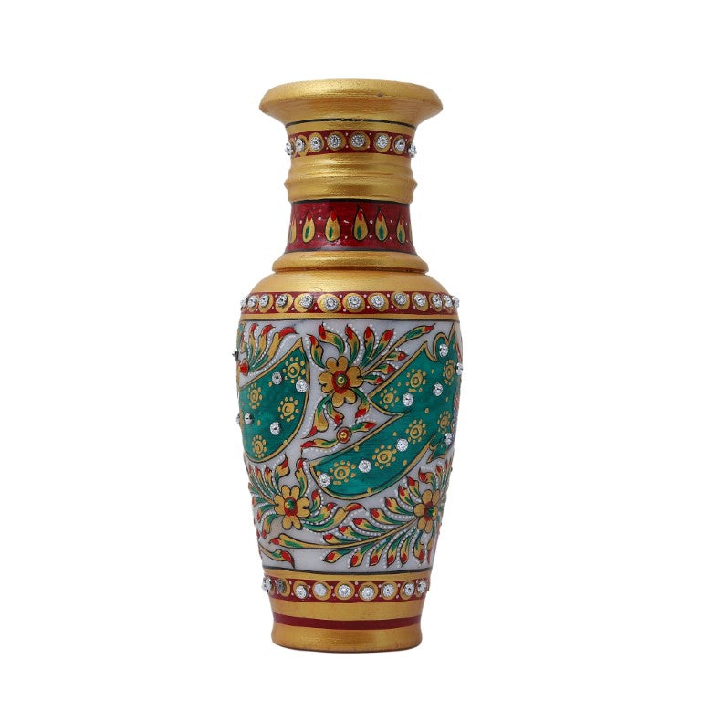 Decorative Marble Flower Vase | Round Shape Beautiful Peacock Style Handpainted Work Showpiece Vases for Home Decoration