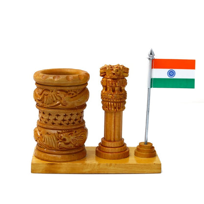 Wooden Color Pen Stand Ashok Stambh & Flag for Child Desk, Office Use and Gifts