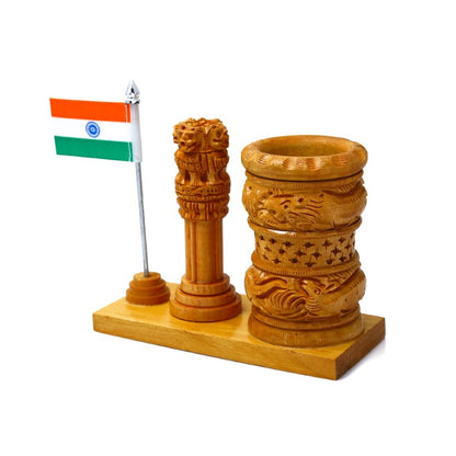 Wooden Color Pen Stand Ashok Stambh & Flag for Child Desk, Office Use and Gifts