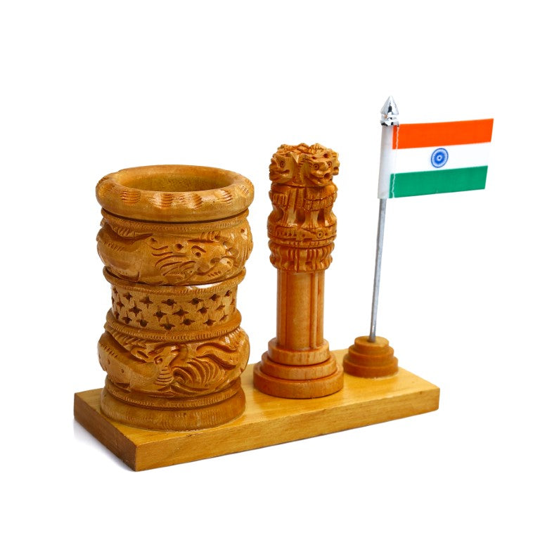 Wooden Color Pen Stand Ashok Stambh & Flag for Child Desk, Office Use and Gifts