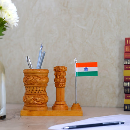 Wooden Color Pen Stand Ashok Stambh & Flag for Child Desk, Office Use and Gifts