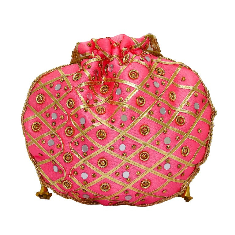 Mirror work Silk Potli Bag with Pearl Handle and Thread Latkan for women (Pink)