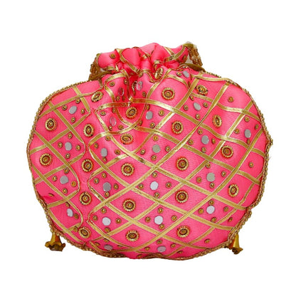 Mirror work Silk Potli Bag with Pearl Handle and Thread Latkan for women (Pink)