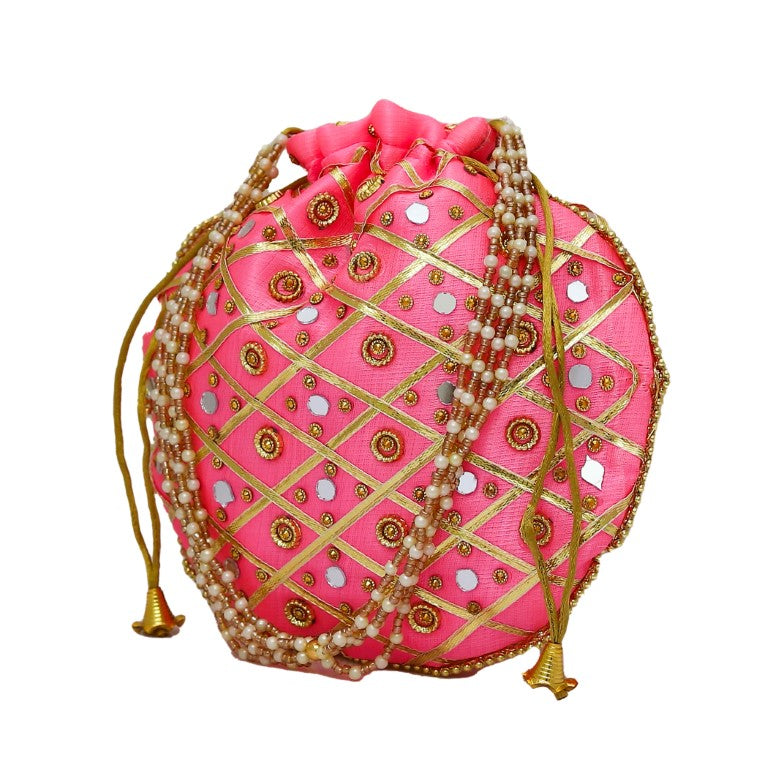 Mirror work Silk Potli Bag with Pearl Handle and Thread Latkan for women (Pink)