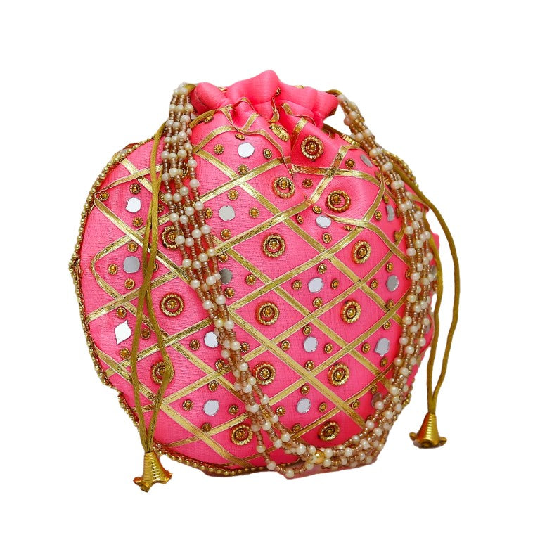 Mirror work Silk Potli Bag with Pearl Handle and Thread Latkan for women (Pink)