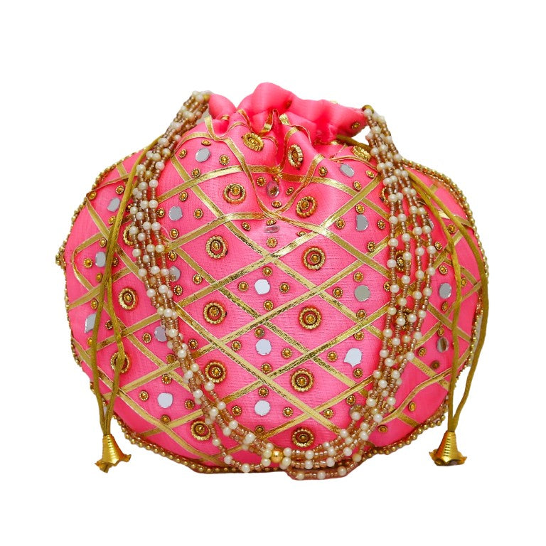 Mirror work Silk Potli Bag with Pearl Handle and Thread Latkan for women (Pink)