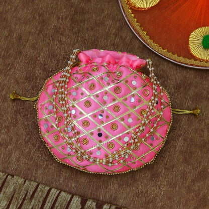 Mirror work Silk Potli Bag with Pearl Handle and Thread Latkan for women (Pink)