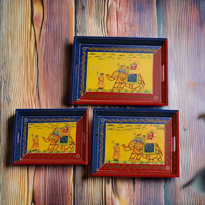 Ambabari Printed Wooden Tray Set of 3