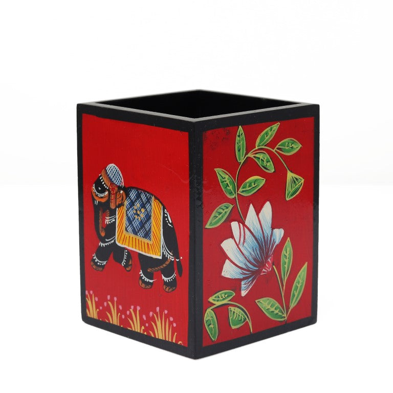 Elephant and Flower Printed Wooden Pen Holder