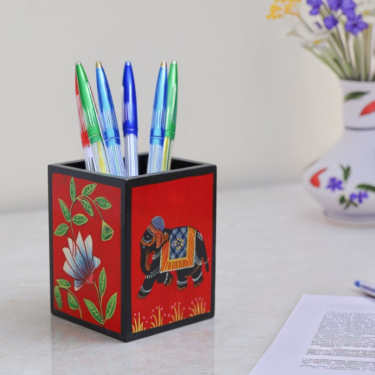 Elephant and Flower Printed Wooden Pen Holder