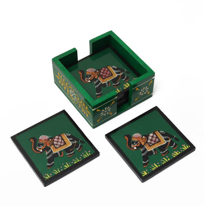 Elephant printed wooden tea coaster set