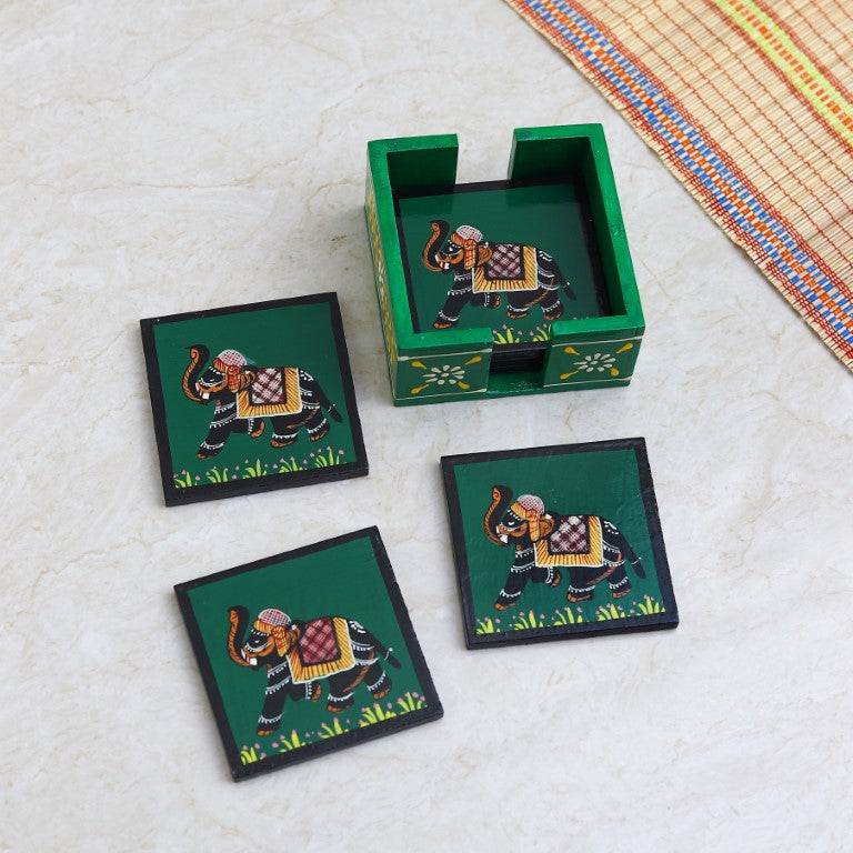 Elephant printed wooden tea coaster set