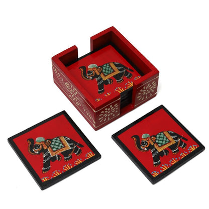 Elephant printed wooden tea coaster set