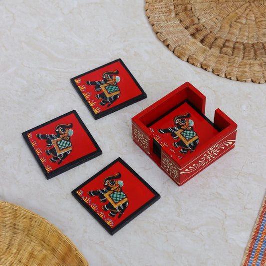 Elephant printed wooden tea coaster set