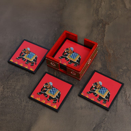 Elephant printed wooden tea coaster set