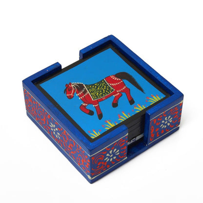 Horse printed wooden tea coaster set