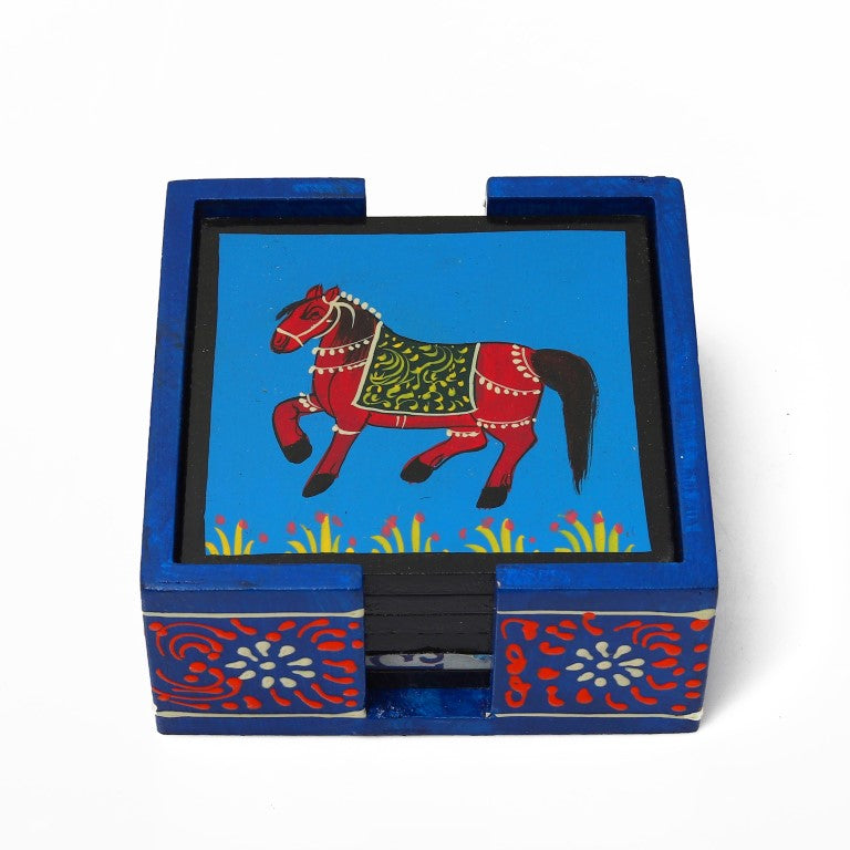 Horse printed wooden tea coaster set