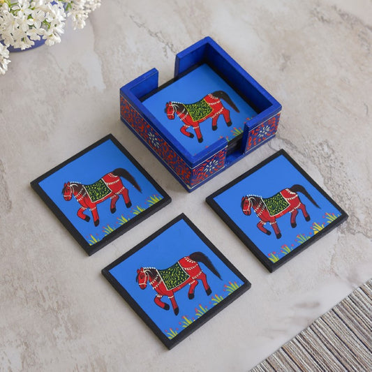 Horse printed wooden tea coaster set