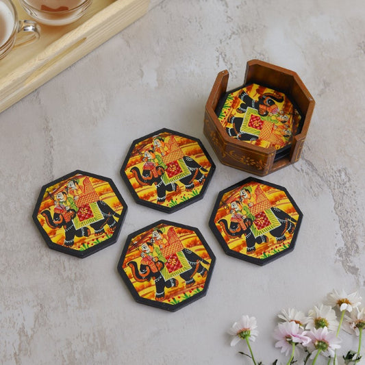 Elephant printed wooden tea coaster set