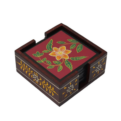 flower printed wooden tea coaster set