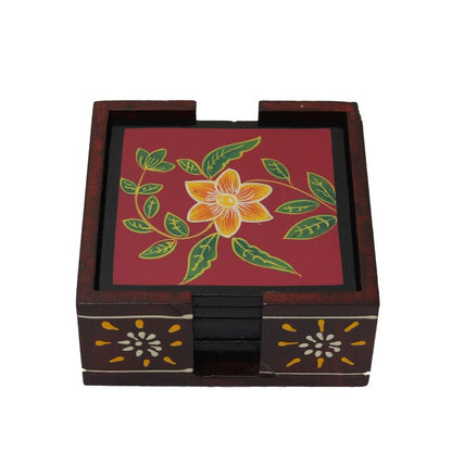 flower printed wooden tea coaster set