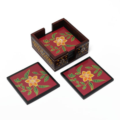 flower printed wooden tea coaster set