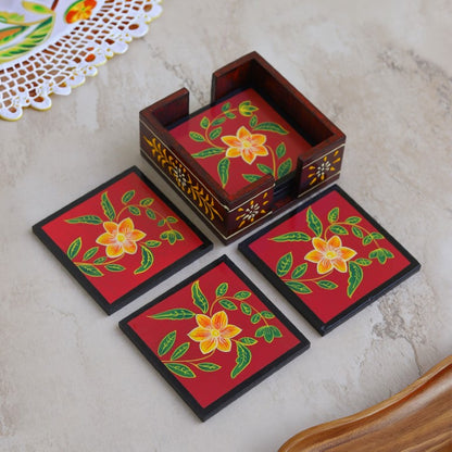 flower printed wooden tea coaster set