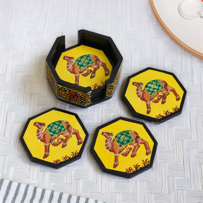 Camel printed wooden tea coaster set