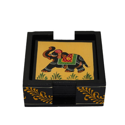 Elephant printed wooden tea coaster set