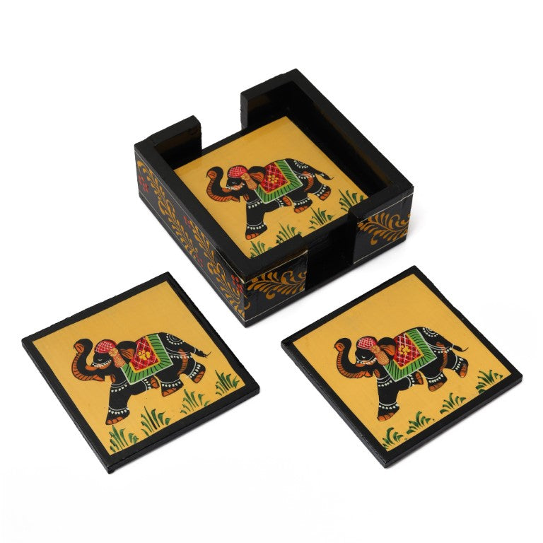 Elephant printed wooden tea coaster set