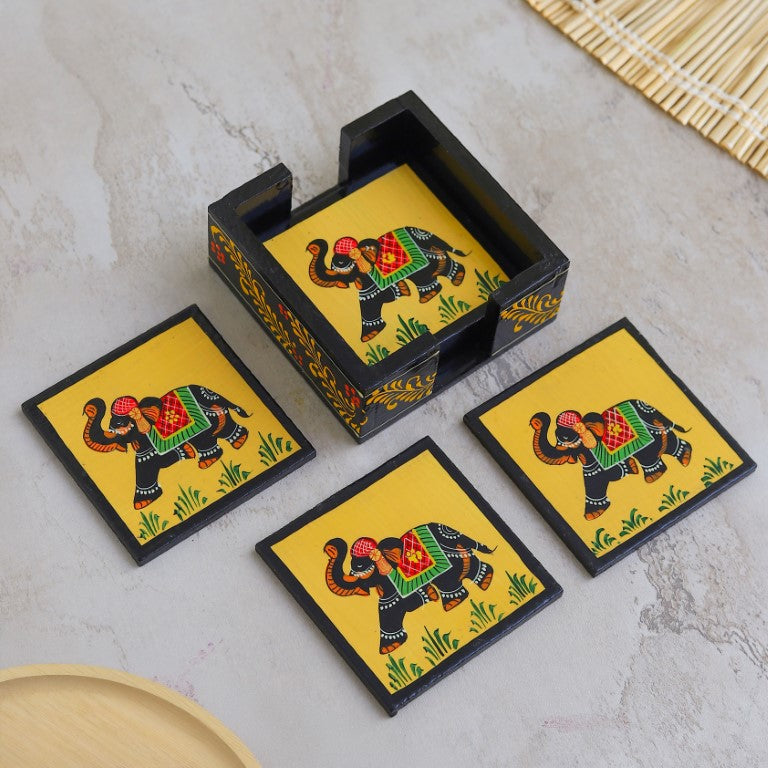 Elephant printed wooden tea coaster set