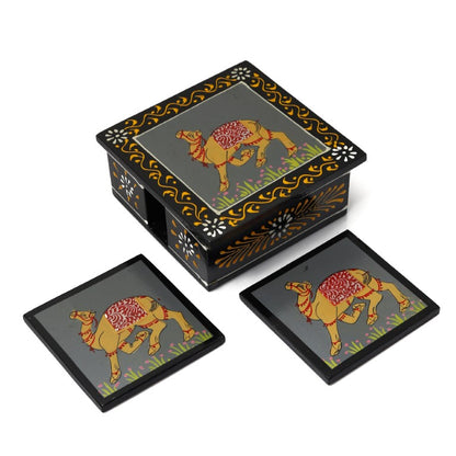 Camel printed wooden tea coaster set