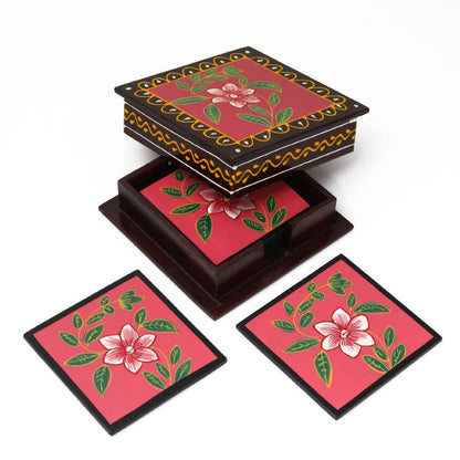 flower printed wooden tea coaster set