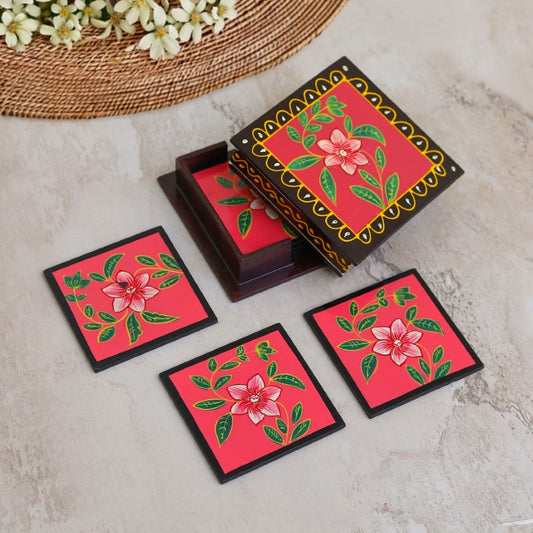 flower printed wooden tea coaster set