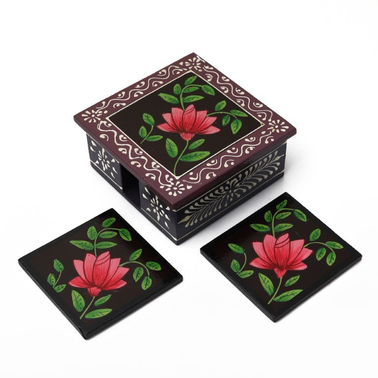 flower printed wooden tea coaster set